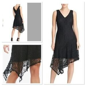 DONNA KARAN New York Asymmetric Hem Lace Crochet Dress Size 16 Black NWT Lined